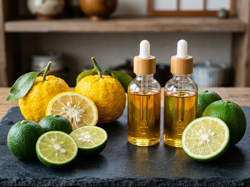 Authentic Japanese citrus oils Yuzu Sudachi Kabosu Naoshichi bottles and fresh fruit