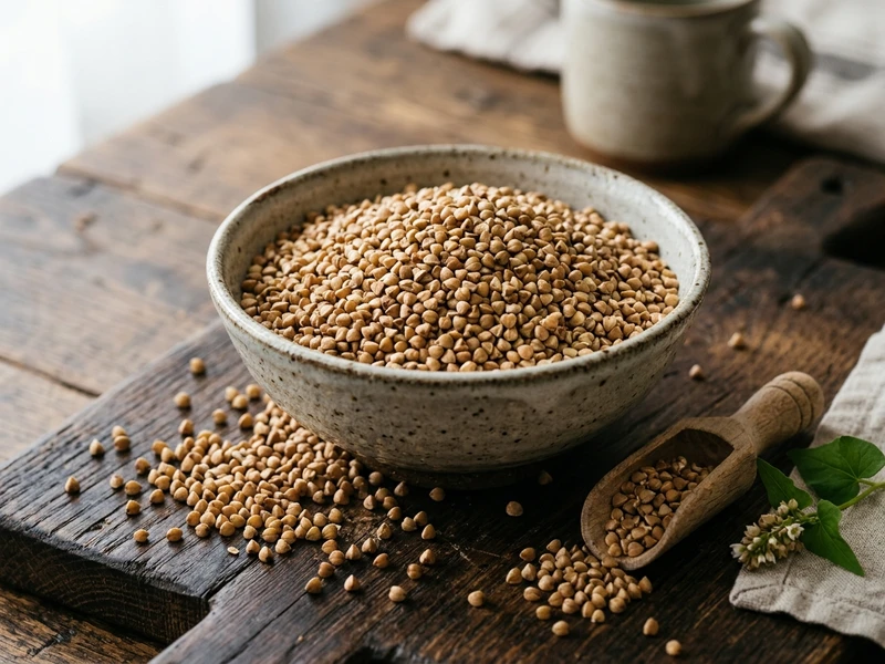 Japanese buckwheat groats Sobanomi whole kernels on ceramic dish with soba noodles and plant