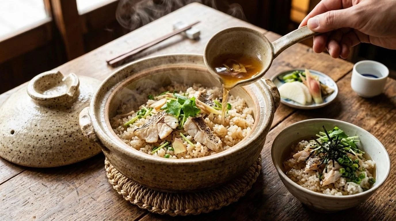 Earthenware clay pot steaming sea bream rice Tai-meshi with golden dashi