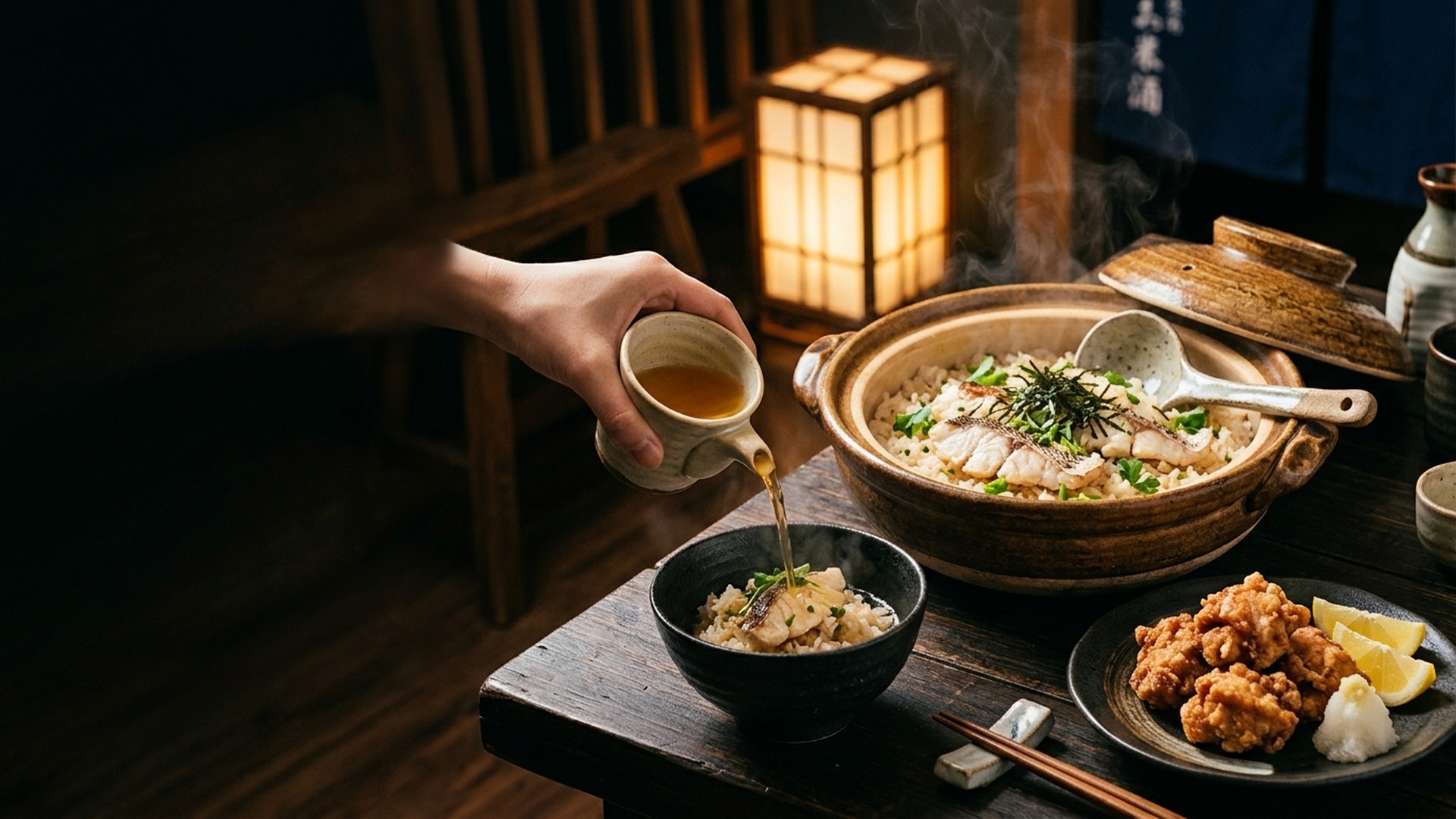 Kadoya Tai to Kome Japanese earthenware clay pot sea bream rice Tai-meshi with golden dashi and crispy karaage fried chicken