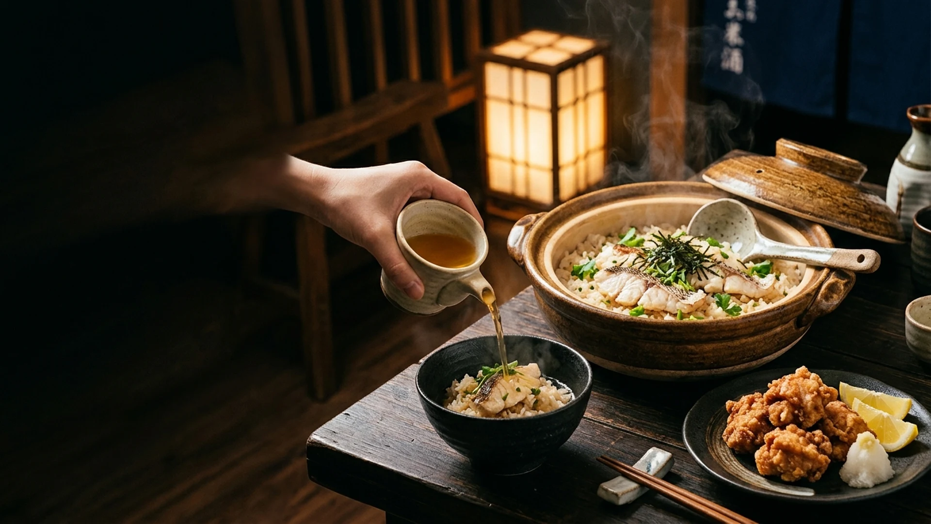 Kadoya Tai to Kome authentic clay pot sea bream rice, golden dashi, and signature karaage Japanese restaurant franchise