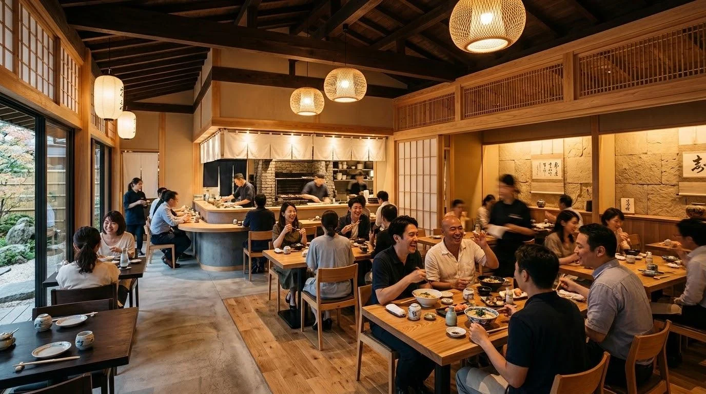 Authentic Kadoya Japanese restaurant dining room with warm timber and traditional screens