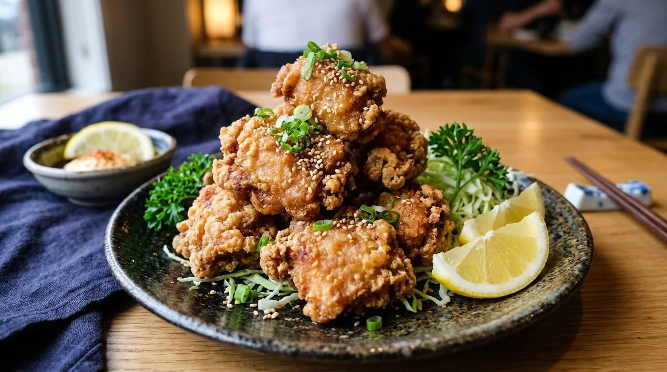 Crispy golden Japanese fried chicken karaage with lemon garnish