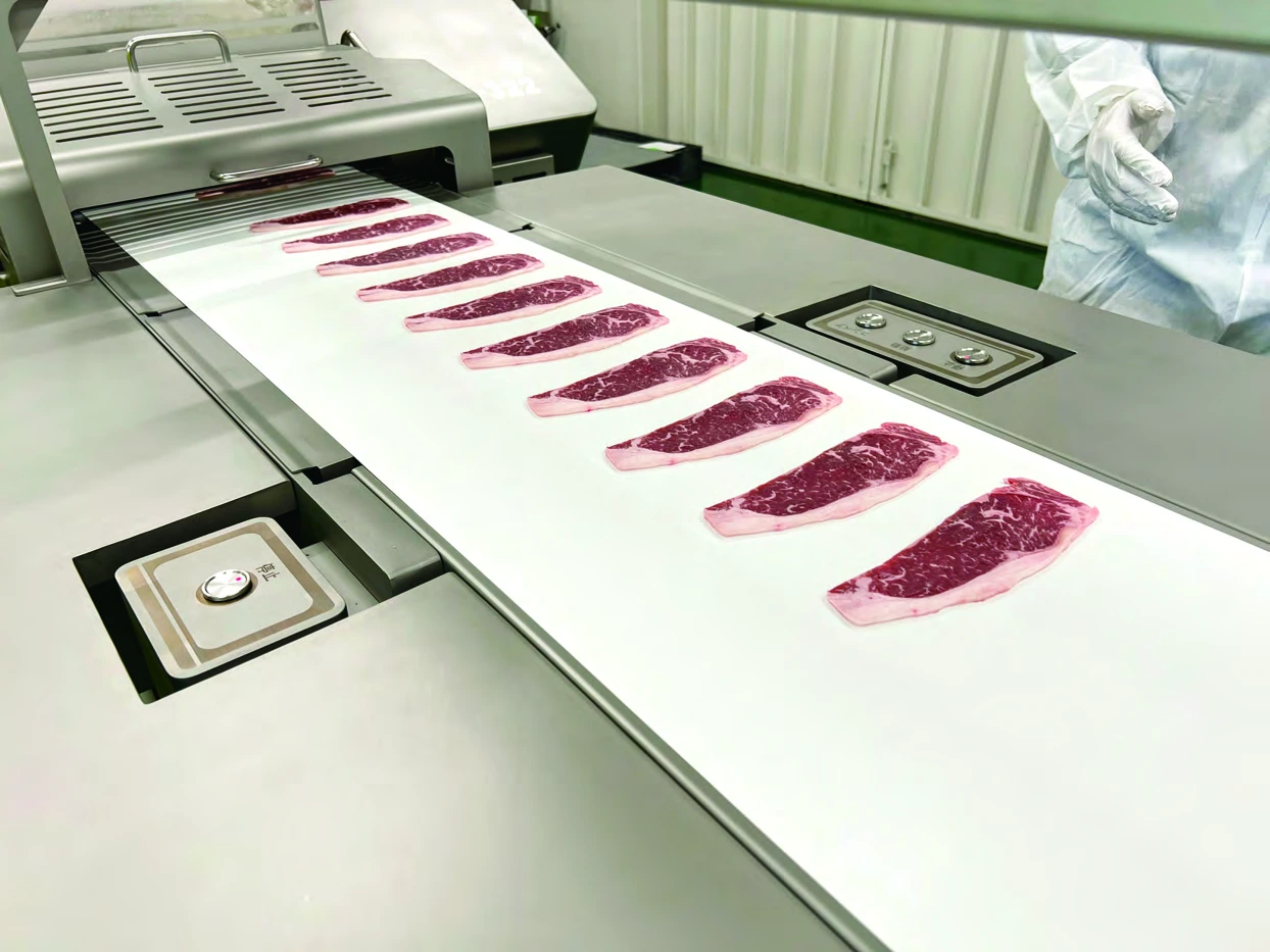 High capacity continuous meat slicing line