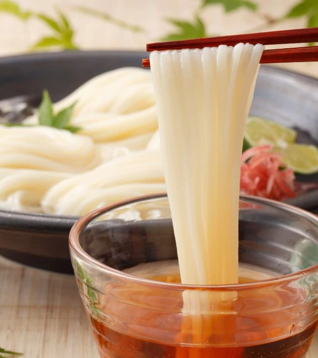 Yachiyo Mengyo Organic Handa Somen noodle dish with traditional Japanese chopsticks and dipping sauce